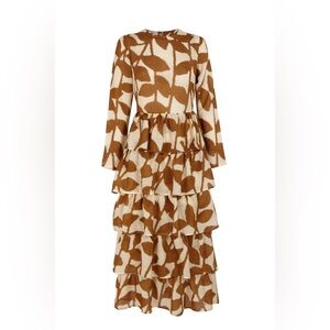 Tiered Ruffle Midi Dress in Camel and Cream Abstract Print